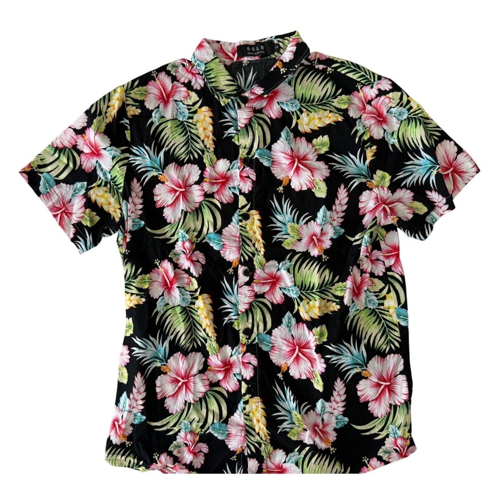 SSLR Mens Floral Hawaiian Short Sleeve Button Up Shirt S Black Tropical Bohemian